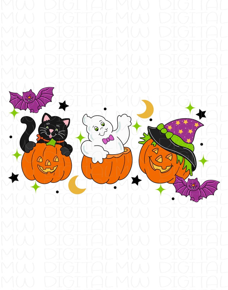 May include: A Halloween-themed illustration featuring a black cat, a ghost, and a jack-o'-lantern, each emerging from an orange pumpkin. Purple bats, stars, and moons complete the festive design. The image has a white background.