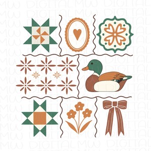 May include: A digital illustration featuring a grid of nine squares with various designs. These include a duck, a bow, floral elements, and geometric patterns in shades of green, brown, and orange. The overall aesthetic is reminiscent of a quilt.
