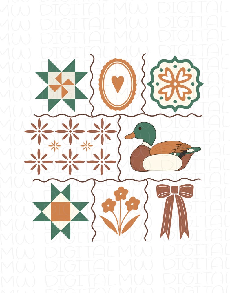 May include: A digital illustration featuring a grid of nine squares with various designs. These include a duck, a bow, floral elements, and geometric patterns in shades of green, brown, and orange. The overall aesthetic is reminiscent of a quilt.
