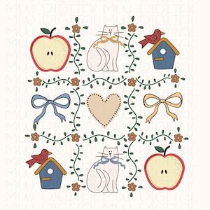 May include: A digital illustration featuring a repeating pattern of a red apple, white cat with a ribbon, blue birdhouse, blue bow, yellow bow, and a tan heart. The design is framed by green vines and orange flowers.