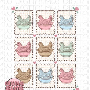May include: Nine digital illustrations of hens in pastel-colored bowls, arranged in a grid pattern. Each hen is a different color, including pink, blue, and brown. The illustrations are set against a cream-colored background with a scalloped border.