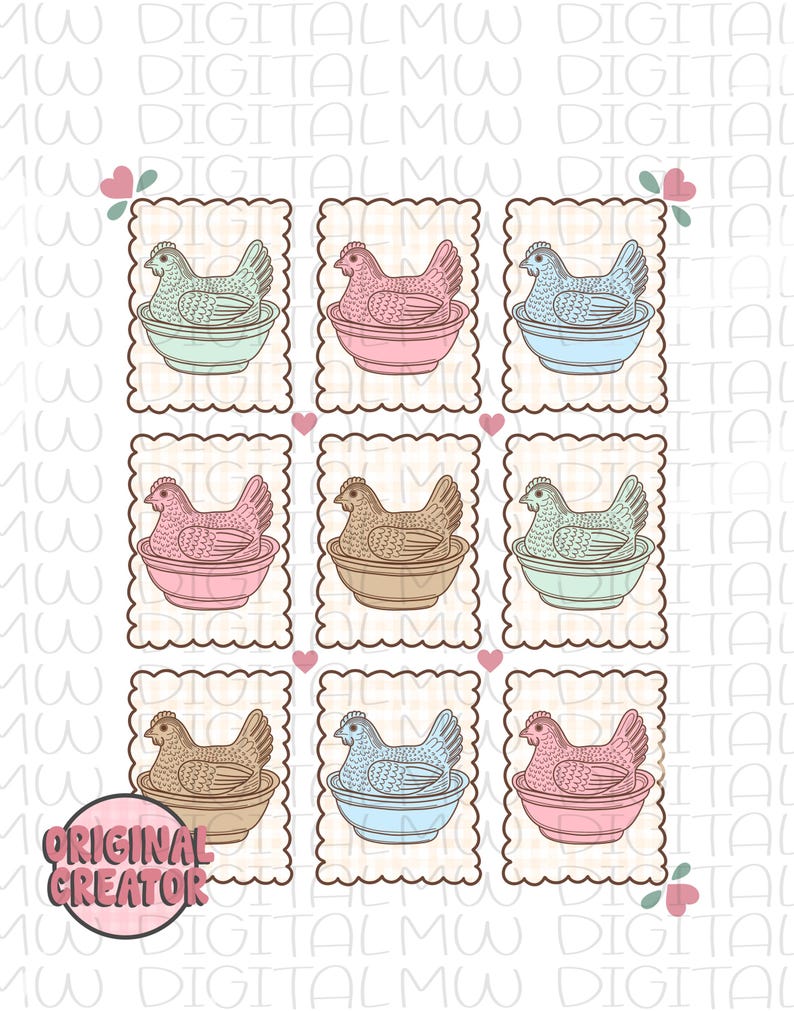May include: Nine digital illustrations of hens in pastel-colored bowls, arranged in a grid pattern. Each hen is a different color, including pink, blue, and brown. The illustrations are set against a cream-colored background with a scalloped border.