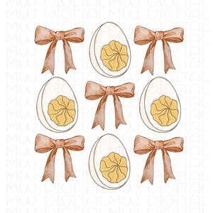 Op de afbeelding: Negen bruine aquarel linten met zes witte eieren met gele dooiers. De eieren zijn doormidden gesneden en laten de binnenkant van het ei zien.