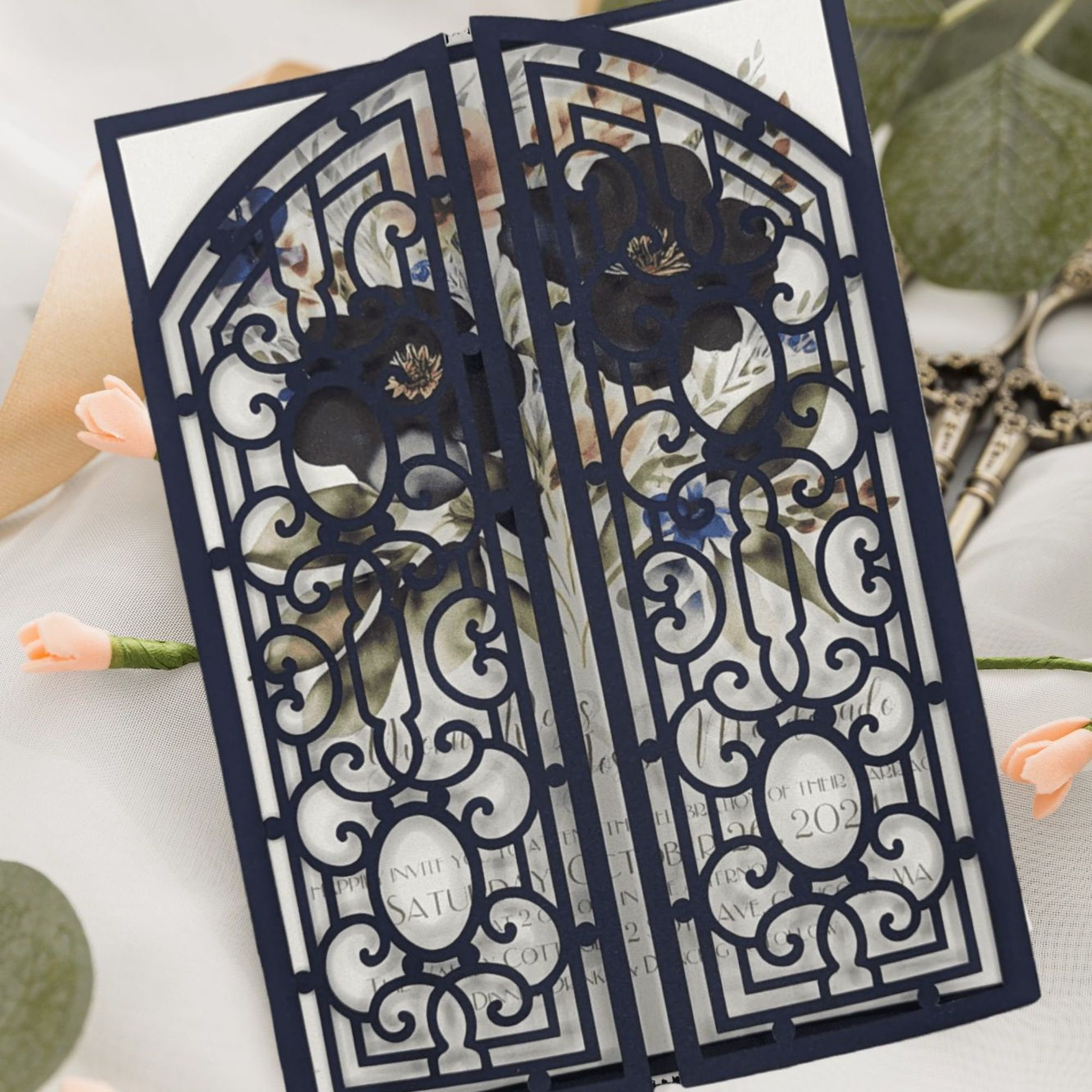 Art Deco Gate Fold Laser Cut Invitation Sleeve for Wedding DIY, Instant