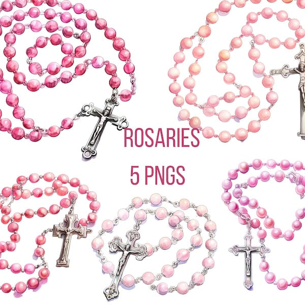 Pink Rosary Clipart, 5 Digital Downloads, 4 Printable Catholic Clipart, Religious Clip art, Bible Clipart Rosary PNGs, Commercial Use