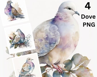 Dove Clipart, 4 Watercolor Birds PNGs, Printable Digital Download for Crafters, Wedding Clipart, Dove on branch Clipart