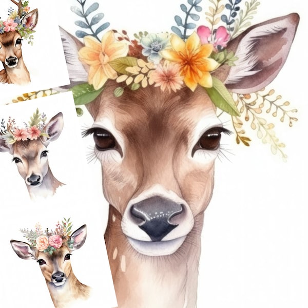 7 Floral doe art prints, JPG instant digital downloads of doe clipart, for digital and paper crafting, commercial and pod use.