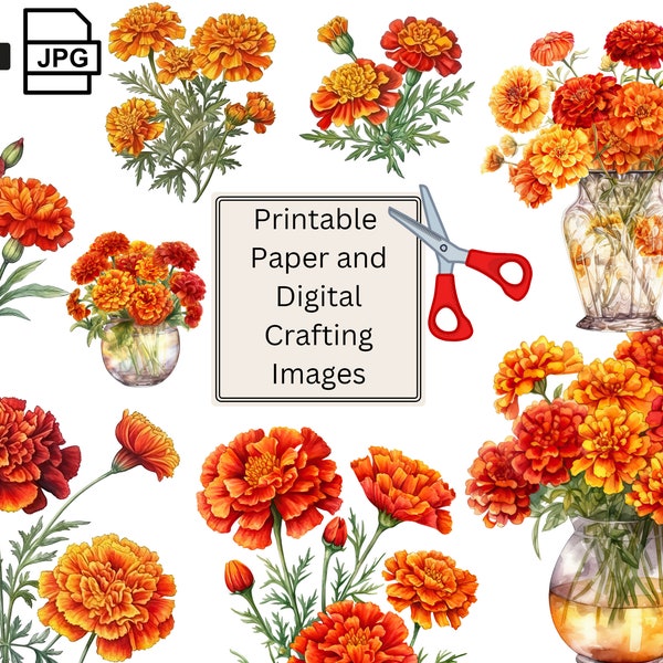 JPG Printable marigold clipart, instant digital download, marigold print for digital and paper cutting, digital crafting, commercial use.