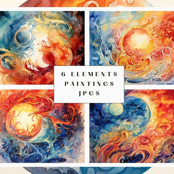 6 Elements art prints, 6 digital downloads of Earth's four elements art, 4 elements wall art, four elements decor for commercial and POD use