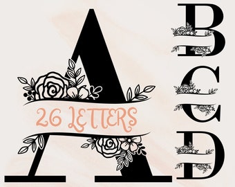 Alfabeto de monograma dividido SVG,PNG,Florecer letras de monograma dividido svg;Alfabeto de marco de monograma dividido,Archivo de corte para Cricut,Silueta,26 letras