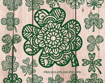Shamrock Svg.Flower Nature Clipart.Green Solid & Outline Four Leaf Clover.Shamrock for Luck,Irish,St. Patrick's Day;Digital Download,mandala