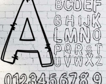 May include: Black and white alphabet and numbers with a barbed wire design. The letters are uppercase and the numbers are in a standard font.