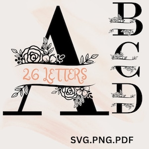 Może przedstawiać: Zestaw 26 czarno-białych liter monogramowych z motywem kwiatowym. Każda litera ma baner z tekstem "26 Letters" i jest ozdobiona kwiatami i liśćmi. Litery są izolowane na białym tle.