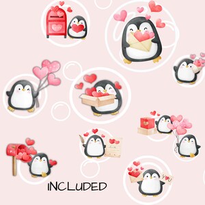May include: A set of digital clipart featuring watercolor illustrations of penguins with hearts, mailboxes, and love notes. The illustrations are in a pink and white color scheme and are perfect for Valentine's Day crafts.