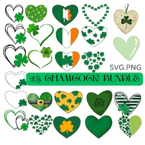 Op de afbeelding: Een set van 25 SVG-bestanden in de vorm van klaverblad harten. De harten zijn in verschillende stijlen, waaronder effen groen, groen met klaverblad patronen en klaverblad kransen. De tekst "SVG.PNG" en "25 SHAMROCK BUNDLE" zijn ook in de afbeelding opgenomen.