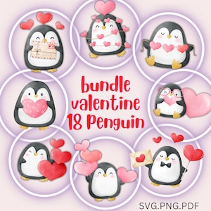 Imágenes prediseñadas del día de San Valentín, imágenes prediseñadas de San Valentín, 18 imágenes prediseñadas de pingüinos, SVG de San Valentín, imprimibles, uso comercial, linda ilustración de acuarela de pingüino