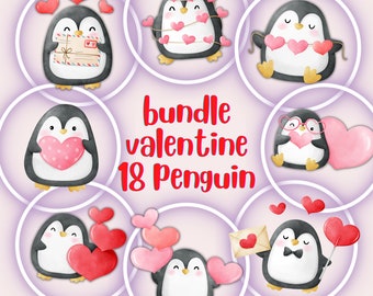 Valentine's Day Clipart,Valentine Clipart,18 Penguin Clipart,Valentine SVG,Printable,Commercial Use,Cute penguin watercolor illustration