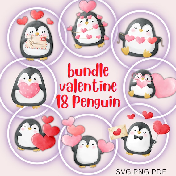 Valentine's Day Clipart,Valentine Clipart,18 Penguin Clipart,Valentine SVG,Printable,Commercial Use,Cute penguin watercolor illustration