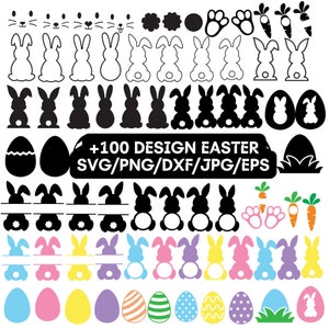 Può includere: Un set di oltre 100 file di design digitale a tema pasquale in formato SVG, PNG, DXF, JPG ed EPS, con coniglietti, uova, carote e altri simboli pasquali in bianco e nero e varianti colorate.