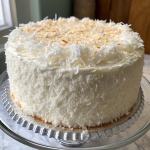 Puede incluir: Un pastel blanco cubierto de coco rallado y cubierto con una capa de glaseado blanco. El pastel está en un soporte para pasteles plateado.