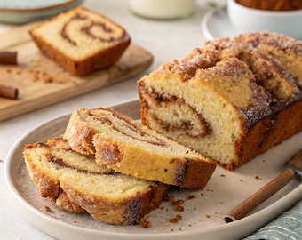 May include: A loaf of cinnamon swirl bread, partially sliced, on a beige plate. The bread has a golden-brown crust and a cinnamon filling. A slice of bread sits on a wooden cutting board. A small bowl of cinnamon and a glass of milk are in the background.