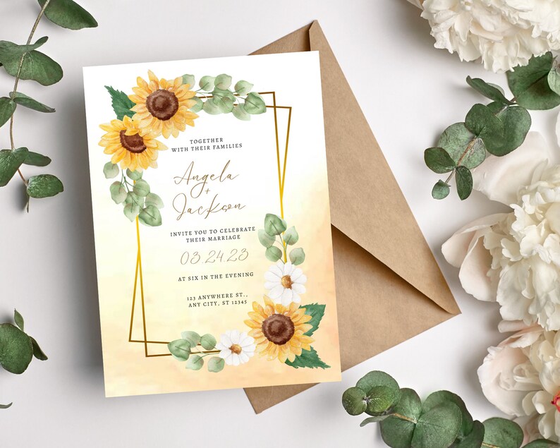 Yellow Green Sunflower Wedding Invitation Card Sunflower Save The Date Modern Wedding Card Printable Invitation Card