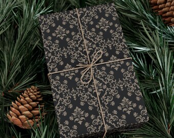 Papel de embrulho gótico preto, papel de embrulho de presente de Natal com damasco escuro, presente de Natal gótico, decoração estética escura, presente elegante de Halloween