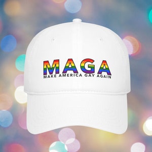 May include: White baseball cap with the text "MAGA" in rainbow colors and the words "Make America Gay Again" below.