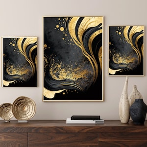 Schwarz Gold abstrakte Wandkunst, Schwarz Gold Marmor Kunstdrucke, Schwarz Gold Geode Wandkunst Set, Achat Wanddekor, Schwarz Gold Marmor, Luxus Wandkunst