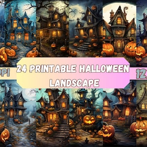 24 druckbare Halloween Landschaft digitales Papier, Aquarell Halloween Szenen, gruselige Seiten, Download Junk Journal, Scrapbooking, Card Making, png