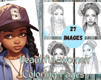 27 Portraits of Black Women, Light Grayscale Coloring Book for Adults, kids, Instant Download Coloring Page Printable Art PDF, Premium Pages