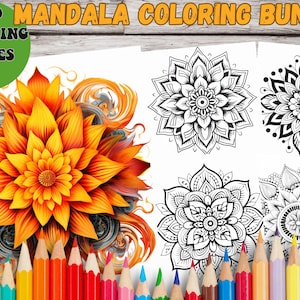 May include: A set of 100 mandala coloring pages. The image shows a colorful mandala with a flower design and a set of colored pencils. The text "100 Coloring Pages" is visible in the top left corner of the image.