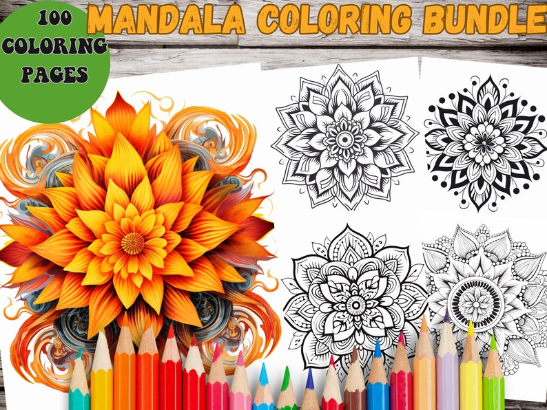 May include: A set of 100 mandala coloring pages. The image shows a colorful mandala with a flower design and a set of colored pencils. The text "100 Coloring Pages" is visible in the top left corner of the image.