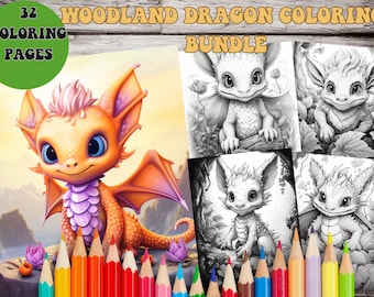 32 Baby Woodland Dragon Coloring Page Book,Adults & Kids , Grayscale Coloring , Instant Download , A4 , US Letter, PDF,baby dragon coloring