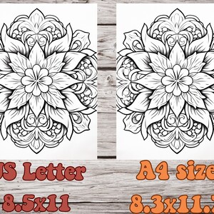 May include: Two printable coloring pages featuring intricate black and white mandala designs. The mandala on the left is labeled "US Letter 8.5x11" and the mandala on the right is labeled "A4 size 8.3x11.7".