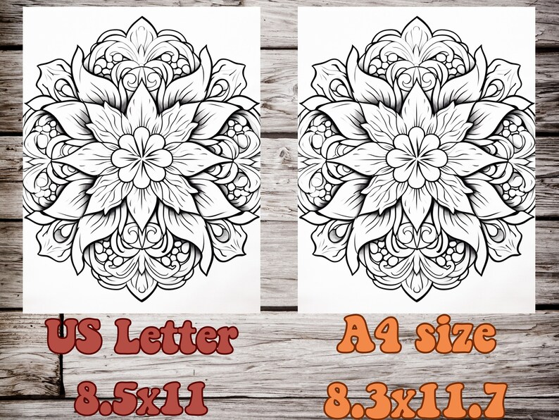 May include: Two printable coloring pages featuring intricate black and white mandala designs. The mandala on the left is labeled "US Letter 8.5x11" and the mandala on the right is labeled "A4 size 8.3x11.7".