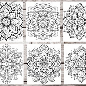 May include: Six black and white mandala designs, each with intricate details and a floral pattern. The mandalas are arranged in a grid of three rows and two columns.