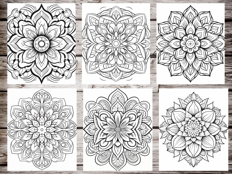 May include: Six black and white mandala designs, each with intricate details and a floral pattern. The mandalas are arranged in a grid of three rows and two columns.