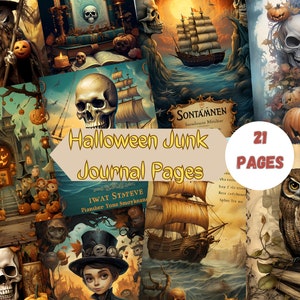 21 Halloween Junk Journal Seiten, digitales Scrapbook Papier Kit, druckbare Spooky Gothic, Vintage Ephemera, Kürbis Collage Sheet, Grimoire BOS