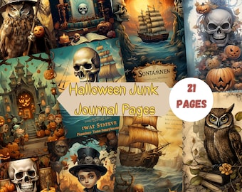 21 Halloween Junk Journal Pages, Digital Scrapbook Paper Kit, Spooky Gothic Printable, Vintage Ephemera, Pumpkin Collage Sheet, Grimoire BOS
