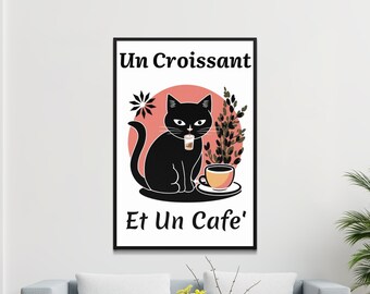 Art mural chat noir de style français, Un croissant et un décor de cuisine de café, affiche d'illustration moderne