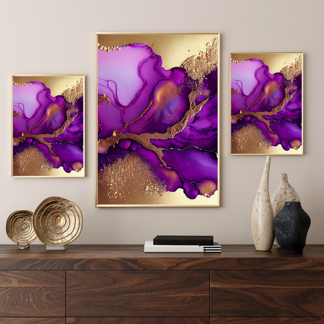 Agate Geode Wall Art Purple Gold Abstract Art Prints Purple Etsy