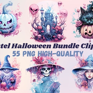 55 PNG Watercolour Pastel Halloween Bundle Clipart, Cute Pink Halloween Illustrations Clip art, Witchcraft png, Creepy Pumpkin Sublimation