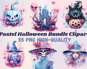 55 PNG Watercolour Pastel Halloween Bundle Clipart, Cute Pink Halloween Illustrations Clip art, Witchcraft png, Creepy Pumpkin Sublimation