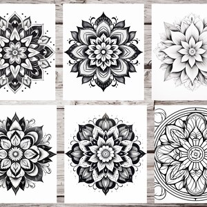 May include: Six black and white mandala designs on white backgrounds. The mandalas are intricate and detailed, with floral and geometric patterns.
