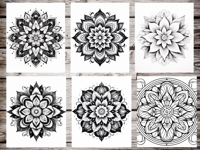 May include: Six black and white mandala designs on white backgrounds. The mandalas are intricate and detailed, with floral and geometric patterns.