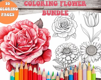 55 Printable Flower Coloring Pages, Coloring Book,Adults & Kids,Grayscale Coloring,Instant Download,A4 PDF colors  pages,coloring sheets
