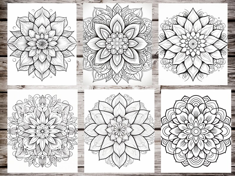 May include: Six black and white mandala designs with intricate floral patterns. Each mandala is circular and features a central flower with radiating petals and detailed borders.