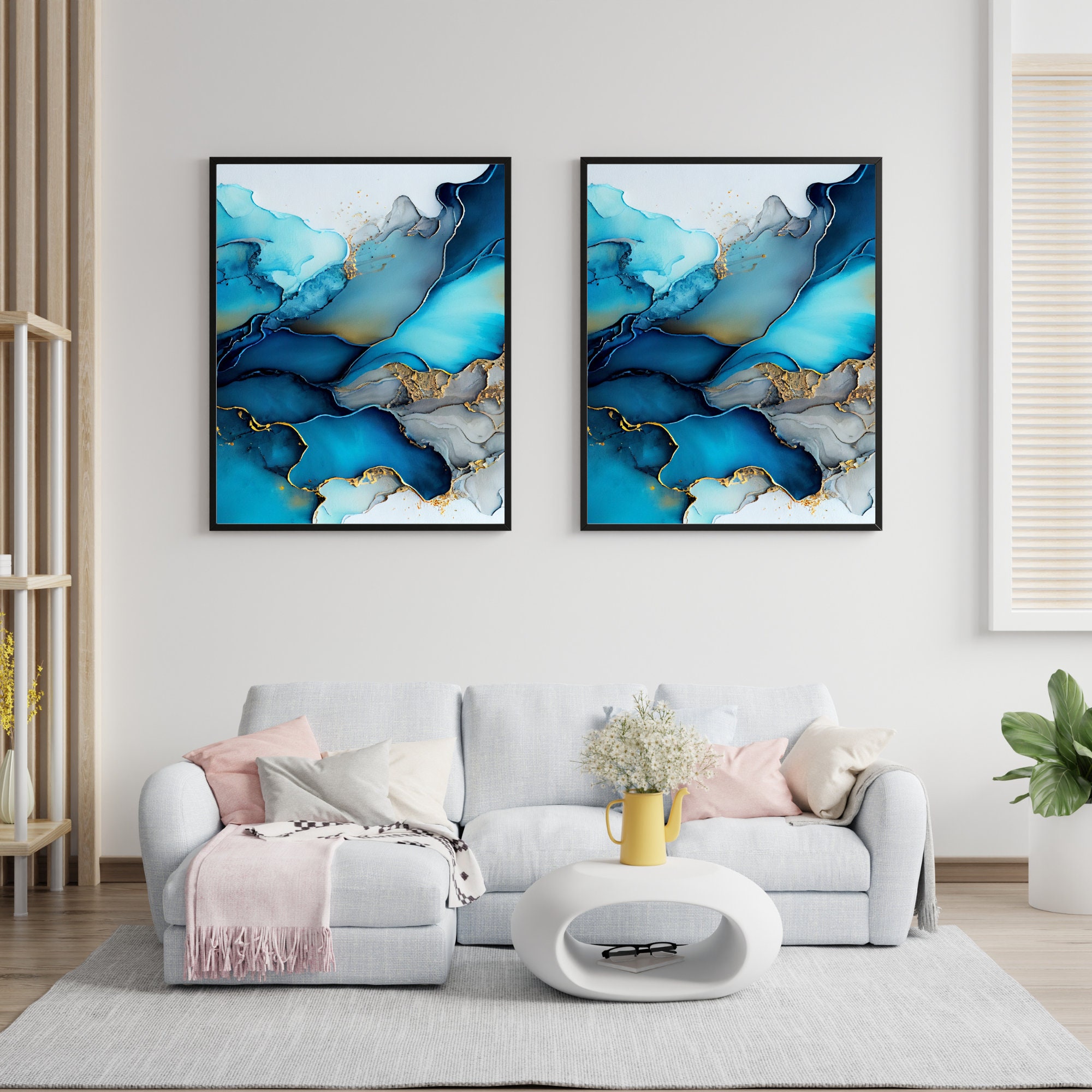 Blue Gold Agate Geode Wall Art Print, Abstract Marble Decor (digital ...