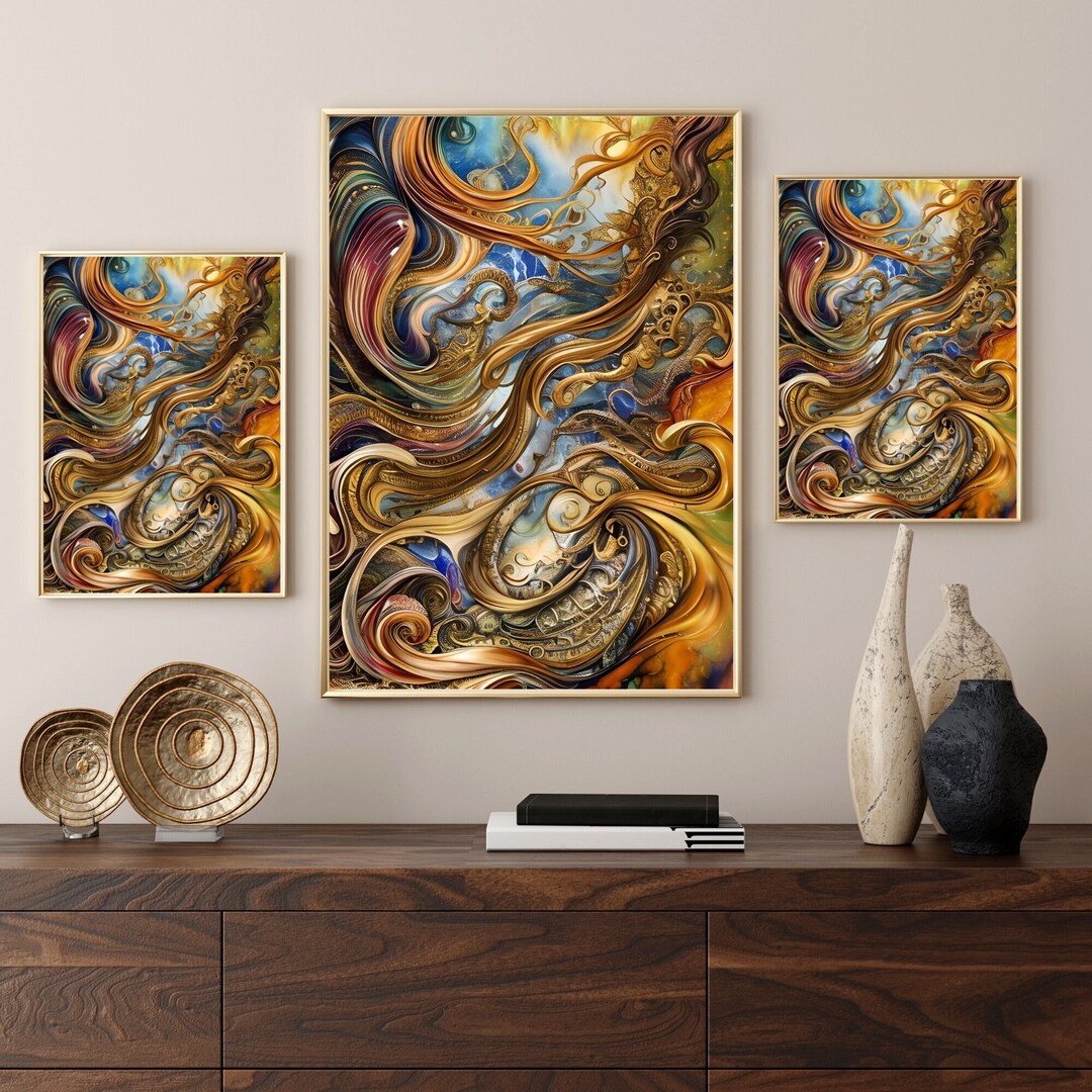 Emerald Green and Marble Gold Art Print Set, Golden Green Agate Marble